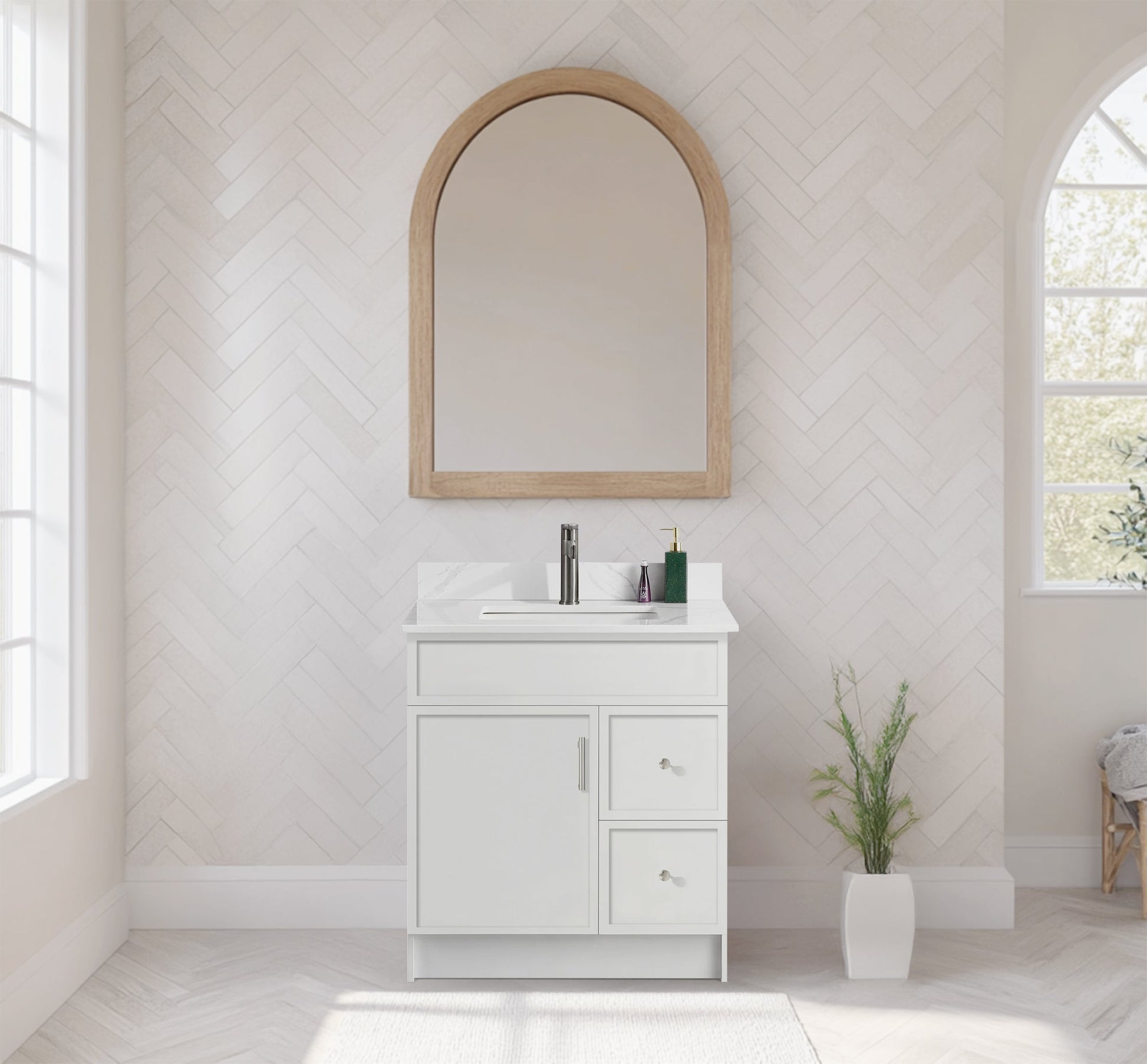 Rossi 30" Slim Shaker Bathroom Vanity With Quartz Countertop (MDF)-White