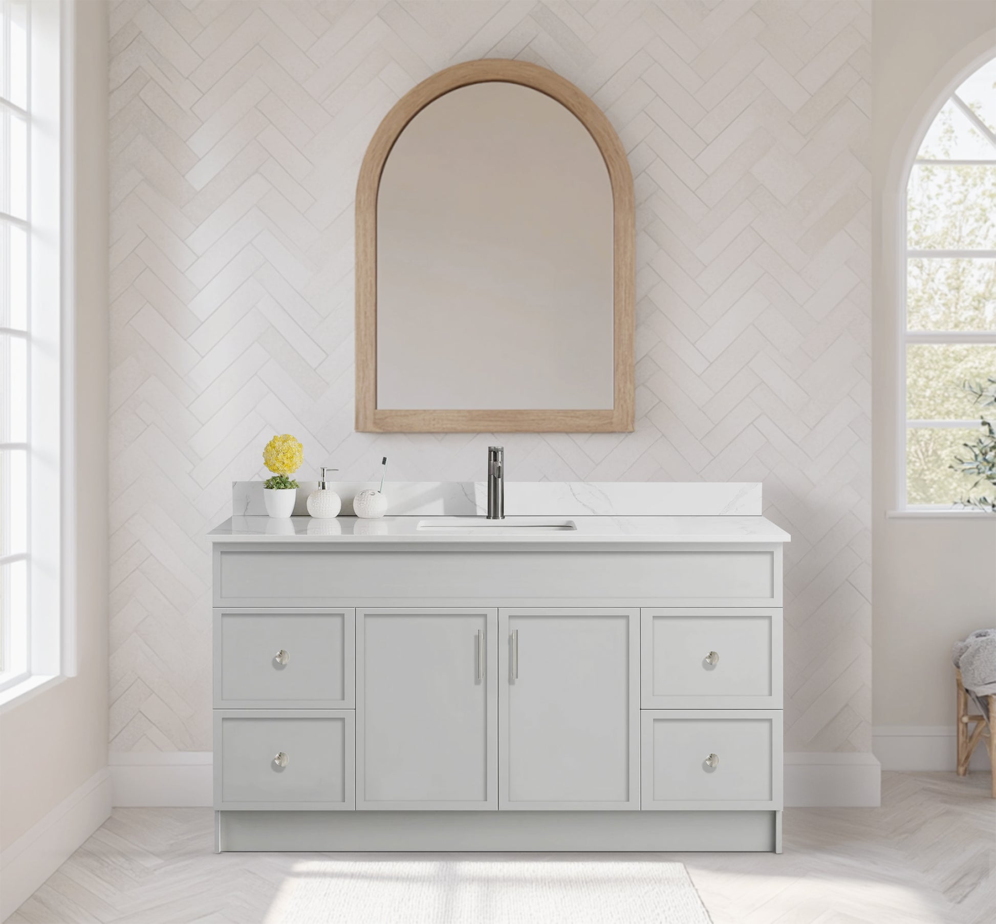 Rossi 60" Single Sink Slim Shaker Bathroom Vanity With Quartz Countertop (MDF)