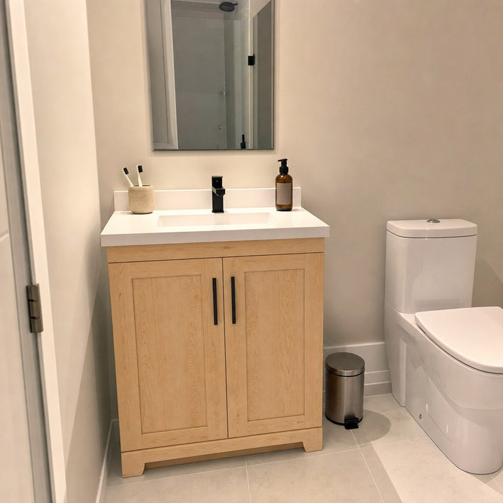 24" Bridgeport solid maple Shaker bathroom vanity installed in a real Canadian home
