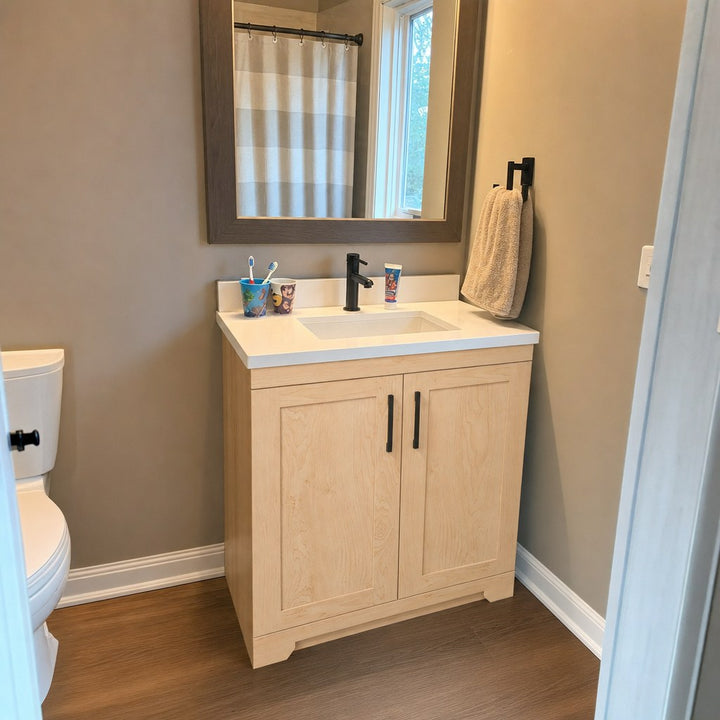 24" Bridgeport solid maple Shaker bathroom vanity installed in a real Canadian home
