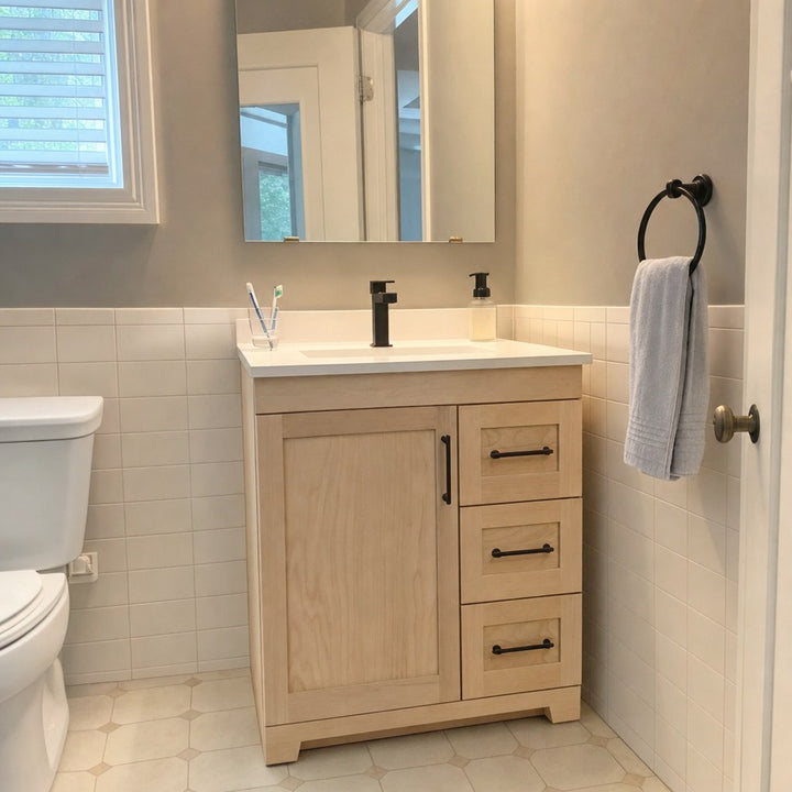 30" Bridgeport solid maple Shaker bathroom vanity installed in a real Canadian home