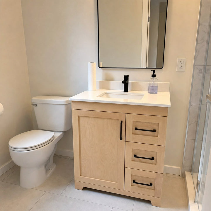 30" Bridgeport solid maple Shaker bathroom vanity installed in a real Canadian home