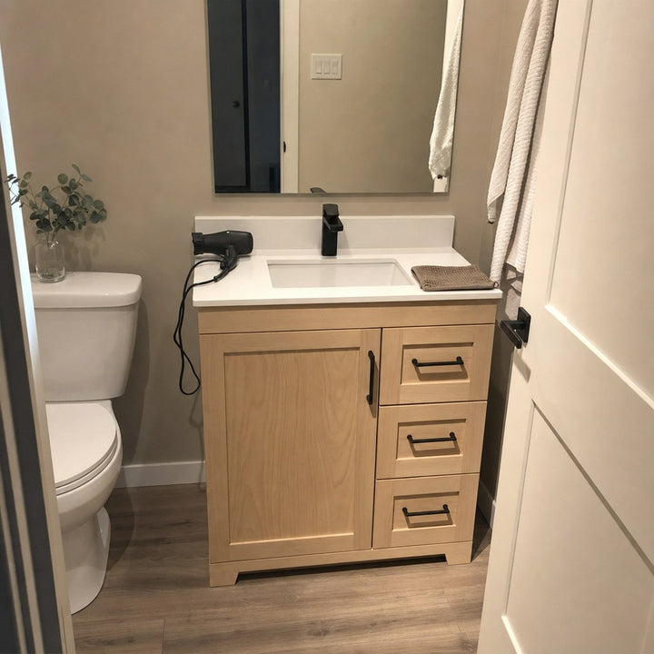 30" Bridgeport solid maple Shaker bathroom vanity installed in a real Canadian home