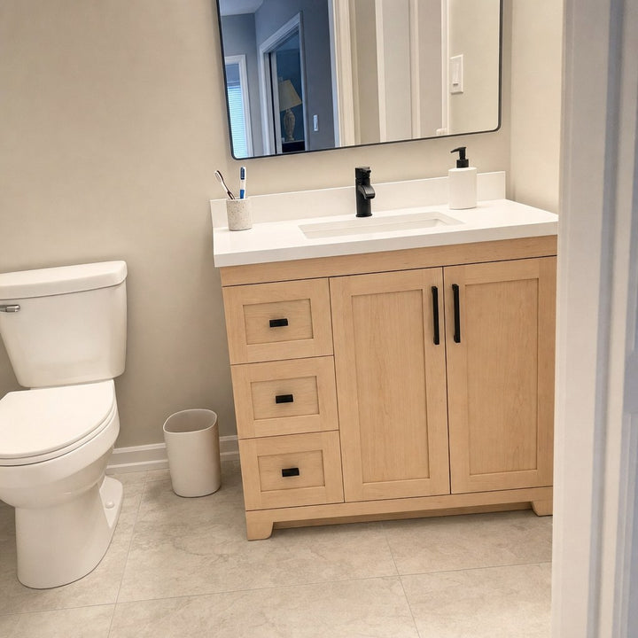 42" Bridgeport solid maple Shaker bathroom vanity installed in a real Canadian home