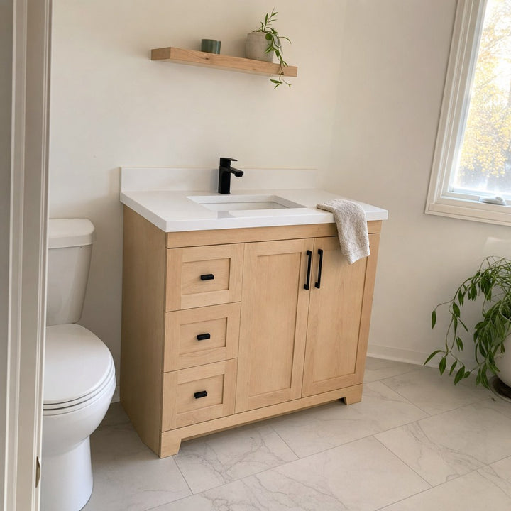 42" Bridgeport solid maple Shaker bathroom vanity installed in a real Canadian home