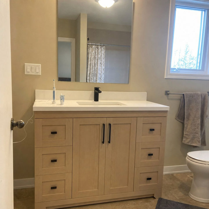 48" Bridgeport solid maple Shaker bathroom vanity installed in a real Canadian home