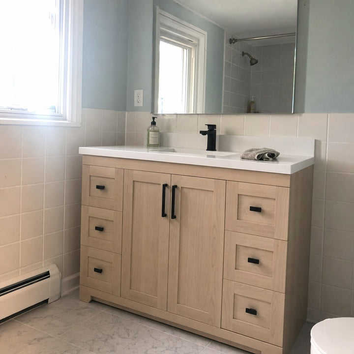 54" single-sink Bridgeport solid maple Shaker bathroom vanity installed in a real Canadian home