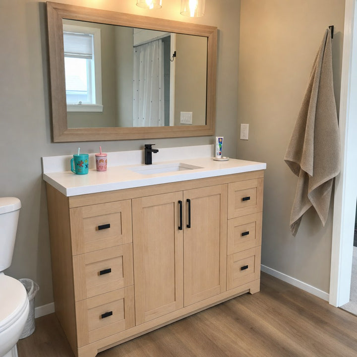 54" single-sink Bridgeport solid maple Shaker bathroom vanity installed in a real Canadian home