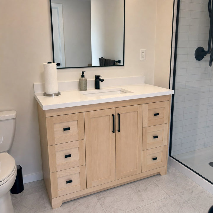 54" single-sink Bridgeport solid maple Shaker bathroom vanity installed in a real Canadian home