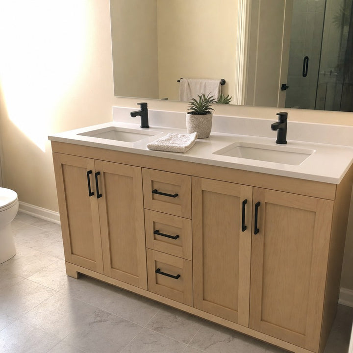 60" double-sink Bridgeport solid maple Shaker bathroom vanity installed in a real Canadian home