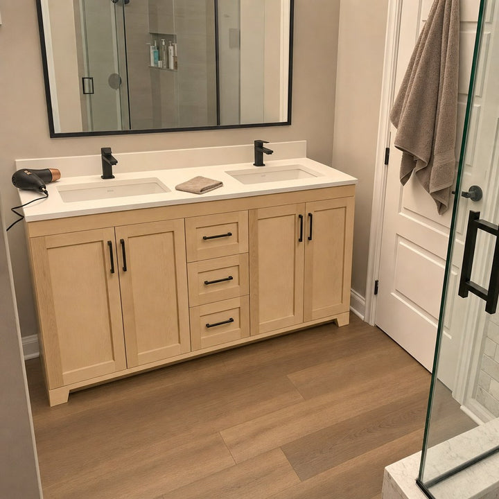 60" double-sink Bridgeport solid maple Shaker bathroom vanity installed in a real Canadian home