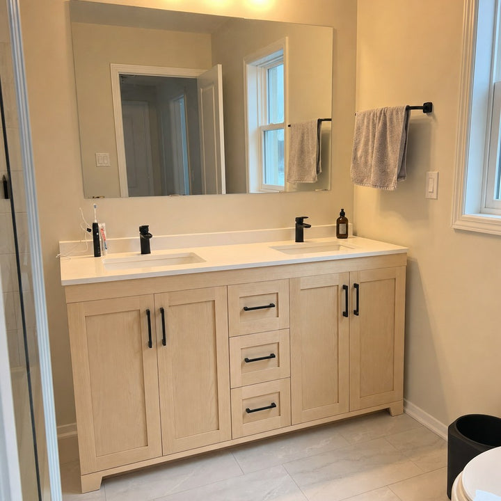 60" double-sink Bridgeport solid maple Shaker bathroom vanity installed in a real Canadian home