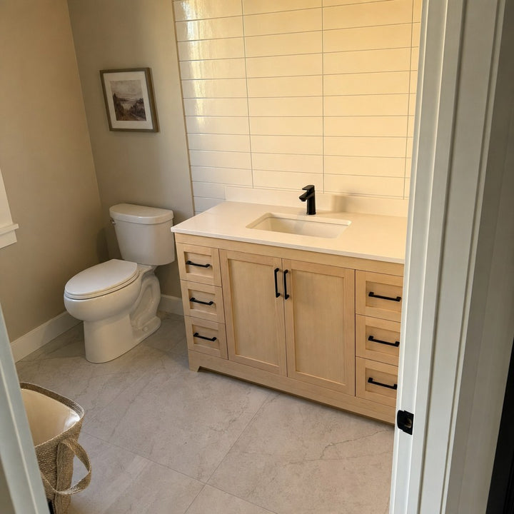 60" single-sink Bridgeport solid maple Shaker bathroom vanity installed in a real Canadian home