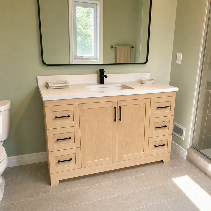 60" single-sink Bridgeport solid maple Shaker bathroom vanity installed in a real Canadian home