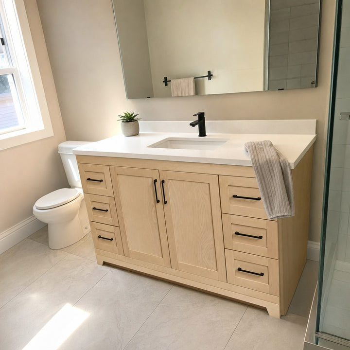 60" single-sink Bridgeport solid maple Shaker bathroom vanity installed in a real Canadian home
