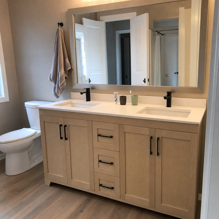 72" double-sink Bridgeport solid maple Shaker bathroom vanity installed in a real Canadian home