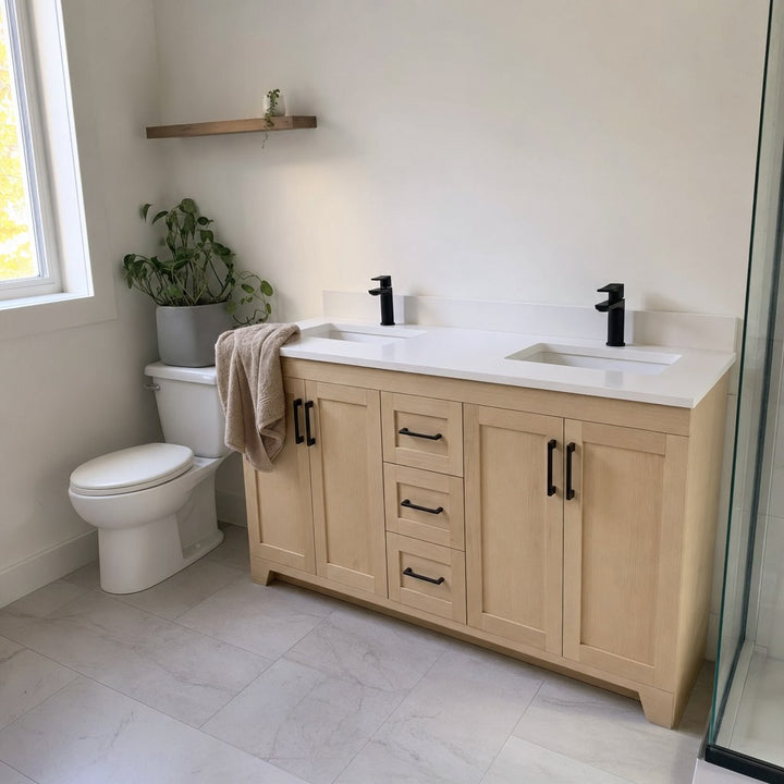 72" double-sink Bridgeport solid maple Shaker bathroom vanity installed in a real Canadian home