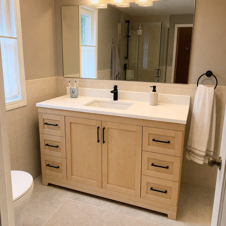 72" single-sink Bridgeport solid maple Shaker bathroom vanity installed in a real Canadian home
