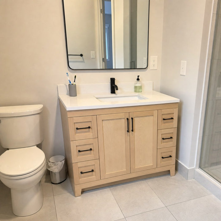 72" single-sink Bridgeport solid maple Shaker bathroom vanity installed in a real Canadian home