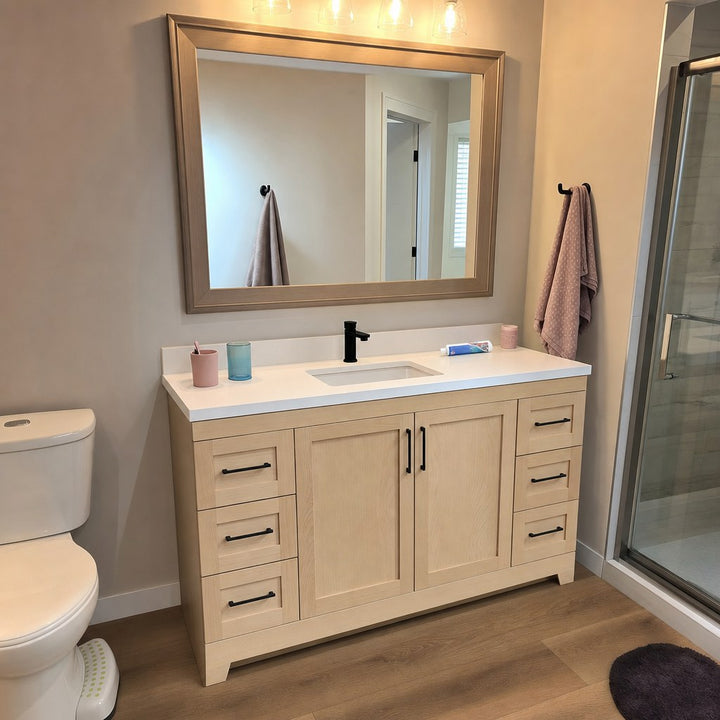72" single-sink Bridgeport solid maple Shaker bathroom vanity installed in a real Canadian home
