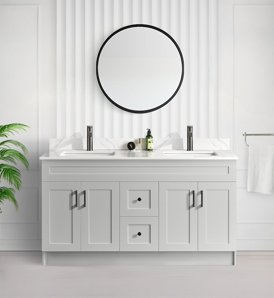 Tesoro 60" Double Sink Shaker Bathroom Vanity With Quartz Countertop (MDF) — MDF Tesoro vanity front