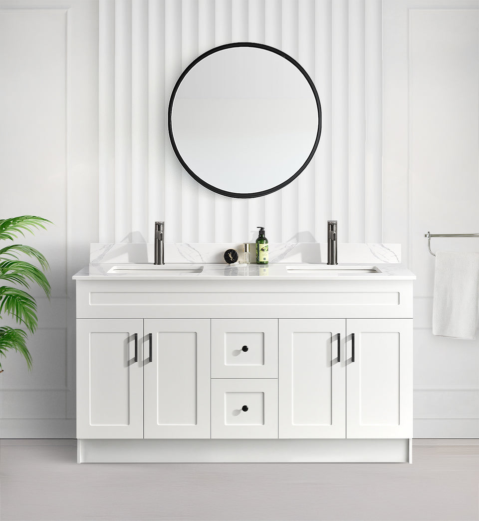 Tesoro 60" Double Sink Shaker Bathroom Vanity With Quartz Countertop (MDF) — MDF Tesoro vanity front