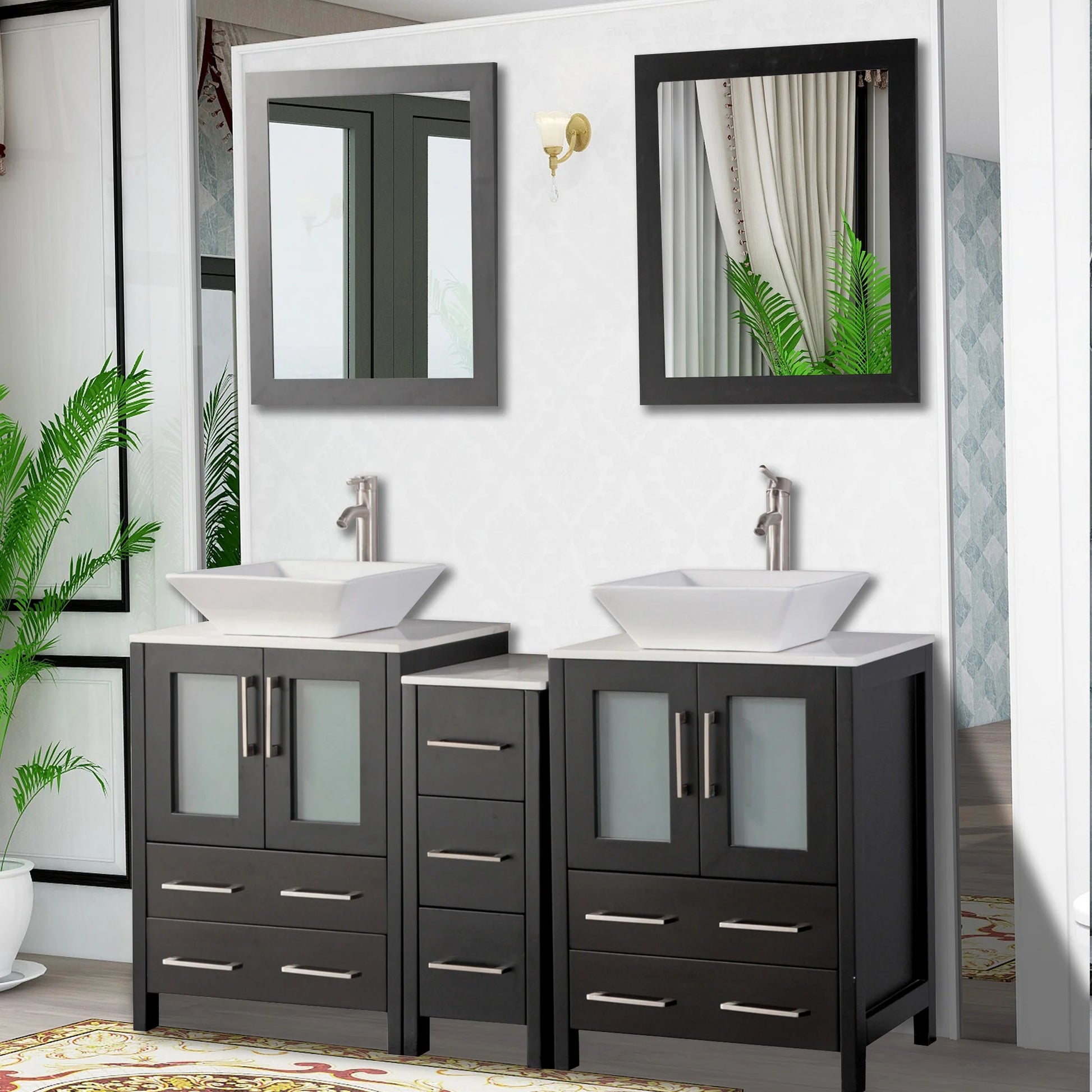 Vanity Art - Bristol 84" Double Vessel Sink Bathroom Vanity Set with Sinks and Mirrors - 1 Side Cabinet