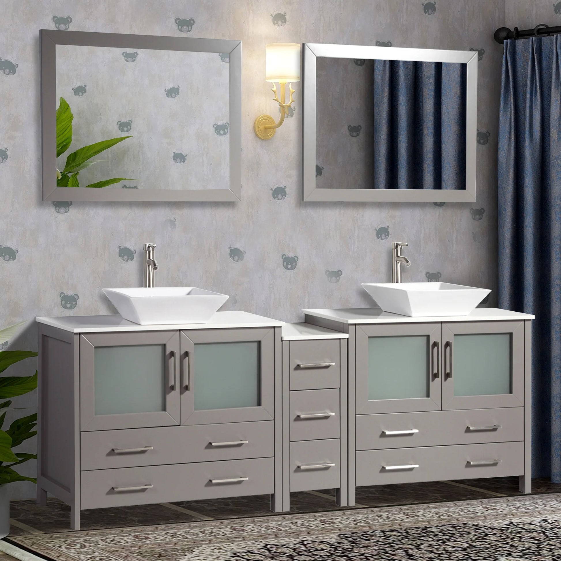Vanity Art - Bristol 84" Double Vessel Sink Bathroom Vanity Set with Sinks and Mirrors - 1 Side Cabinet