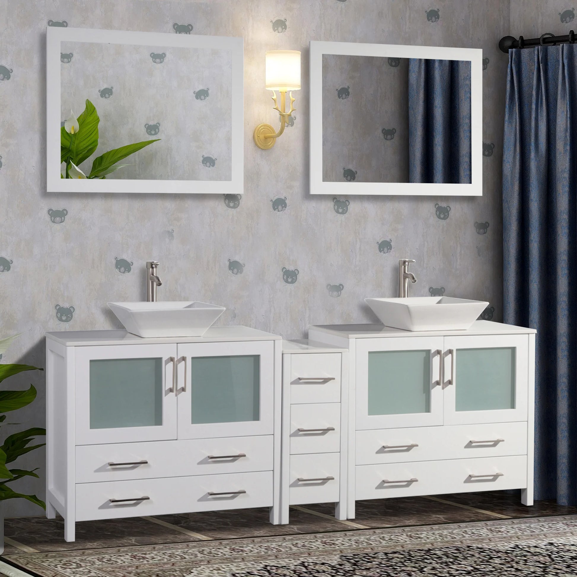 Vanity Art - Bristol 84" Double Vessel Sink Bathroom Vanity Set with Sinks and Mirrors - 1 Side Cabinet