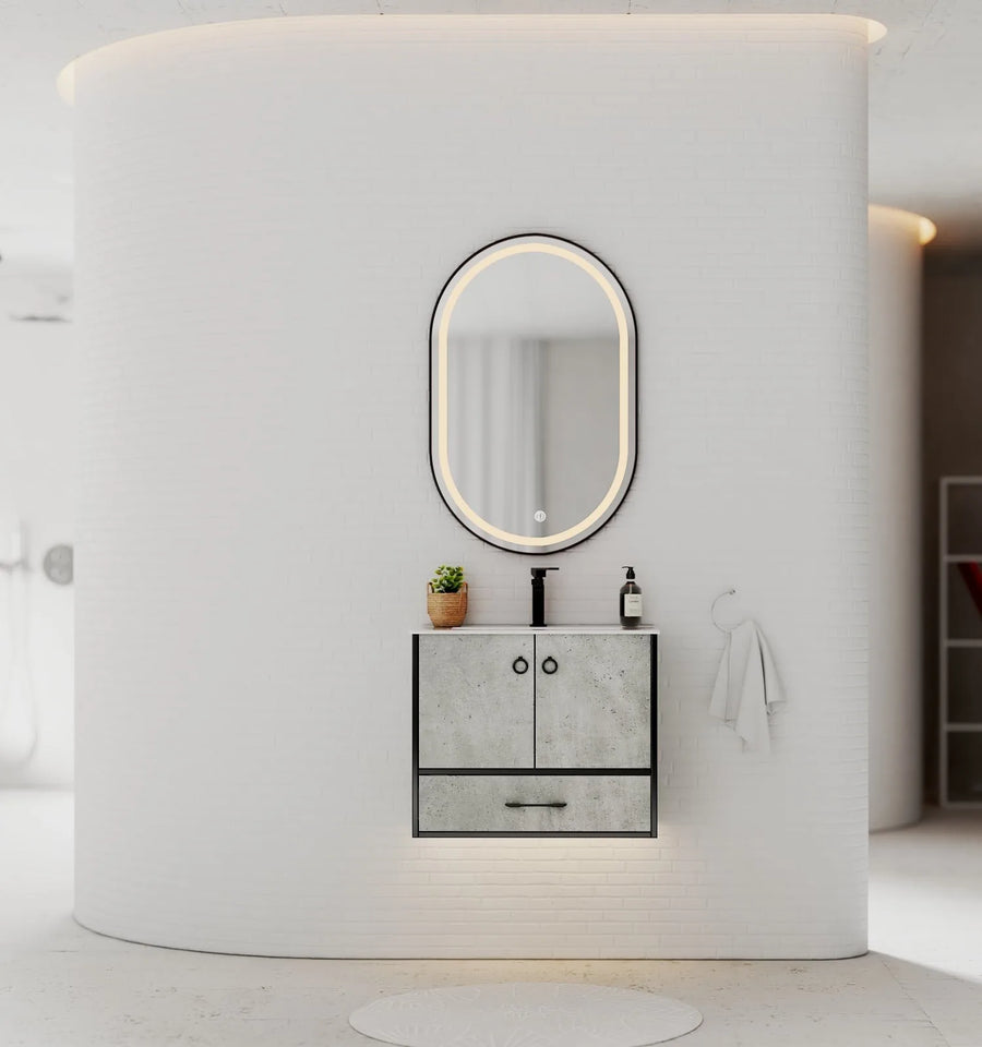 Aventino wall-mounted vanity — side profile showing floor clearance