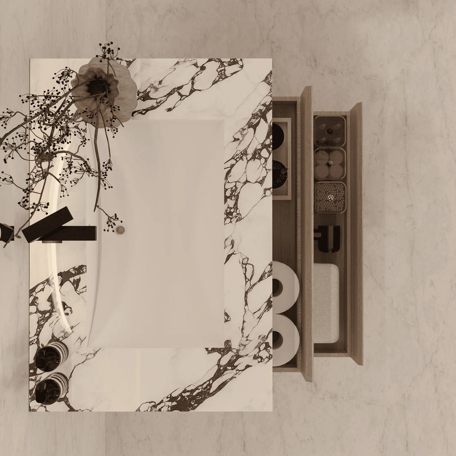 Aventino vanity with drawers open — Blum TandemBox soft-close slides