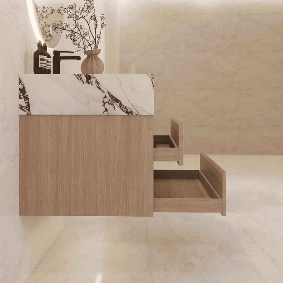 Aventino wall-mounted vanity — side profile showing floor clearance