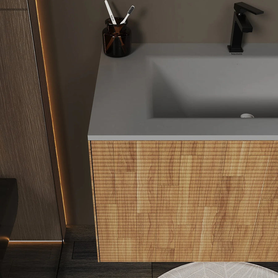 Aventino vanity with drawers open — Blum TandemBox soft-close slides