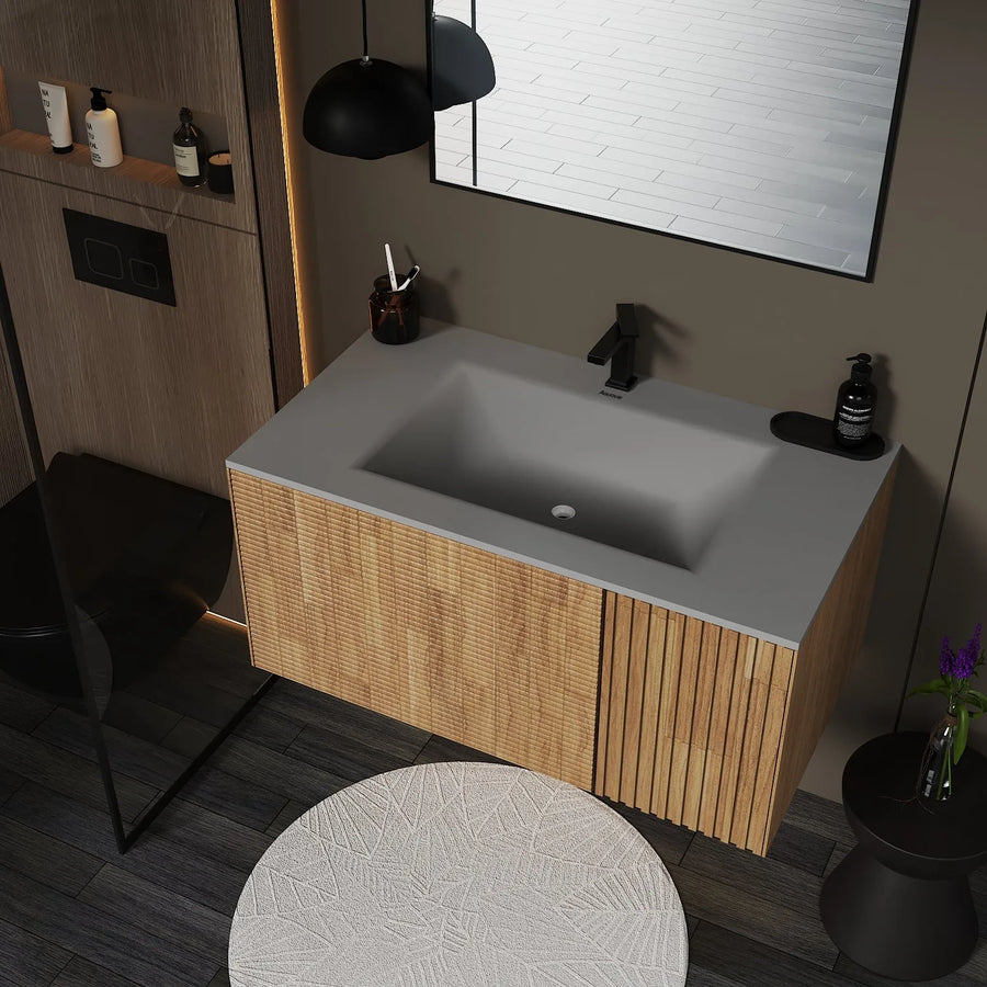 Aventino wall-mounted vanity — side profile showing floor clearance