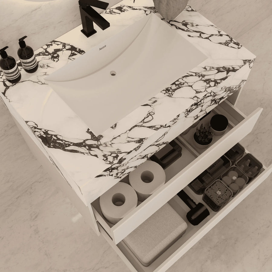 Aventino vanity with drawers open — Blum TandemBox soft-close slides