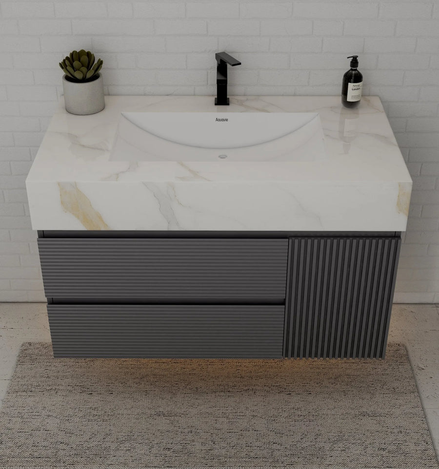 Aventino wall-mounted vanity — side profile showing floor clearance