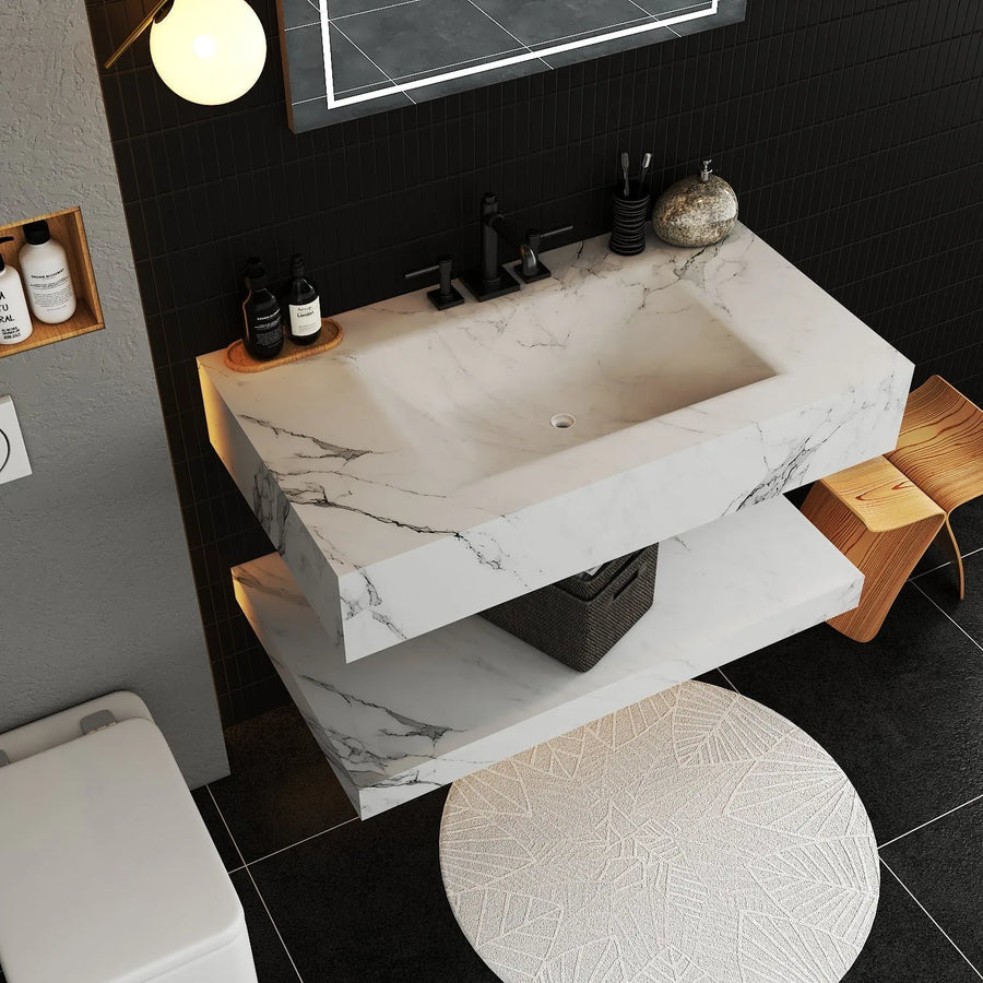 Aventino wall-mounted vanity — side profile showing floor clearance