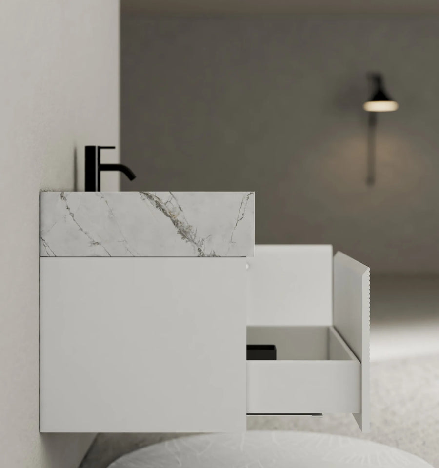 Aventino integrated ceramic basin — top-down detail of moulded sink bowl