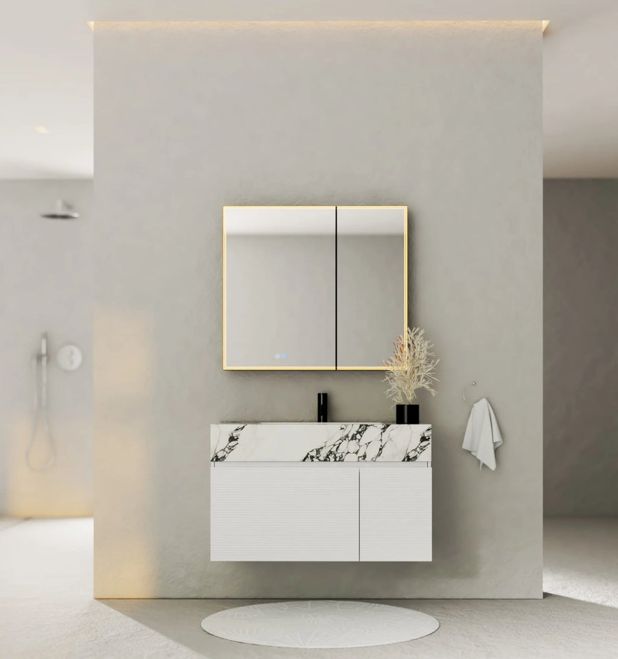 Aventino white engineered wood cabinet — straight-on view of drawer face