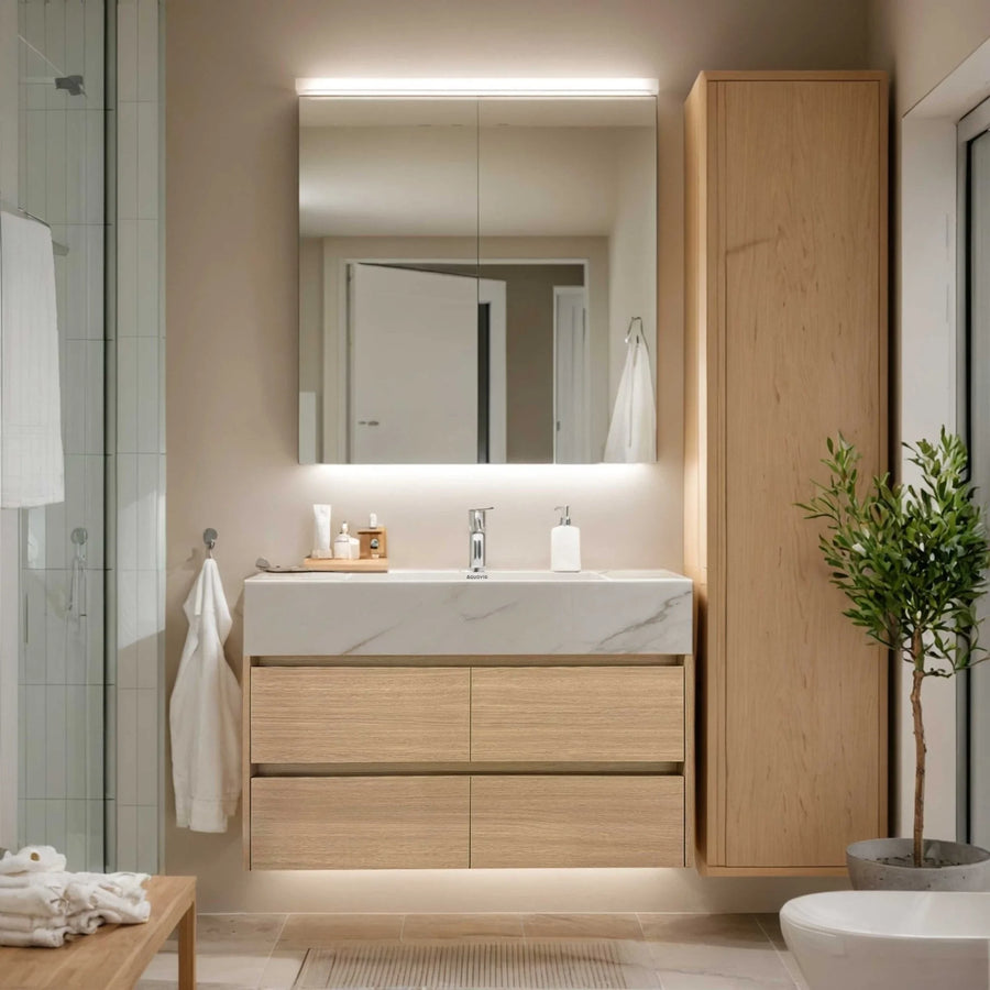 Aventino wall-mounted vanity — side profile showing floor clearance