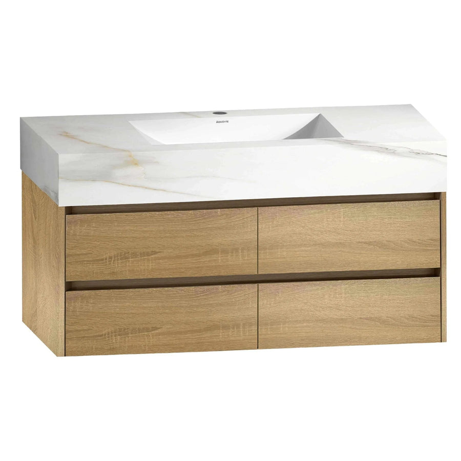 Aventino vanity with drawers open — Blum TandemBox soft-close slides