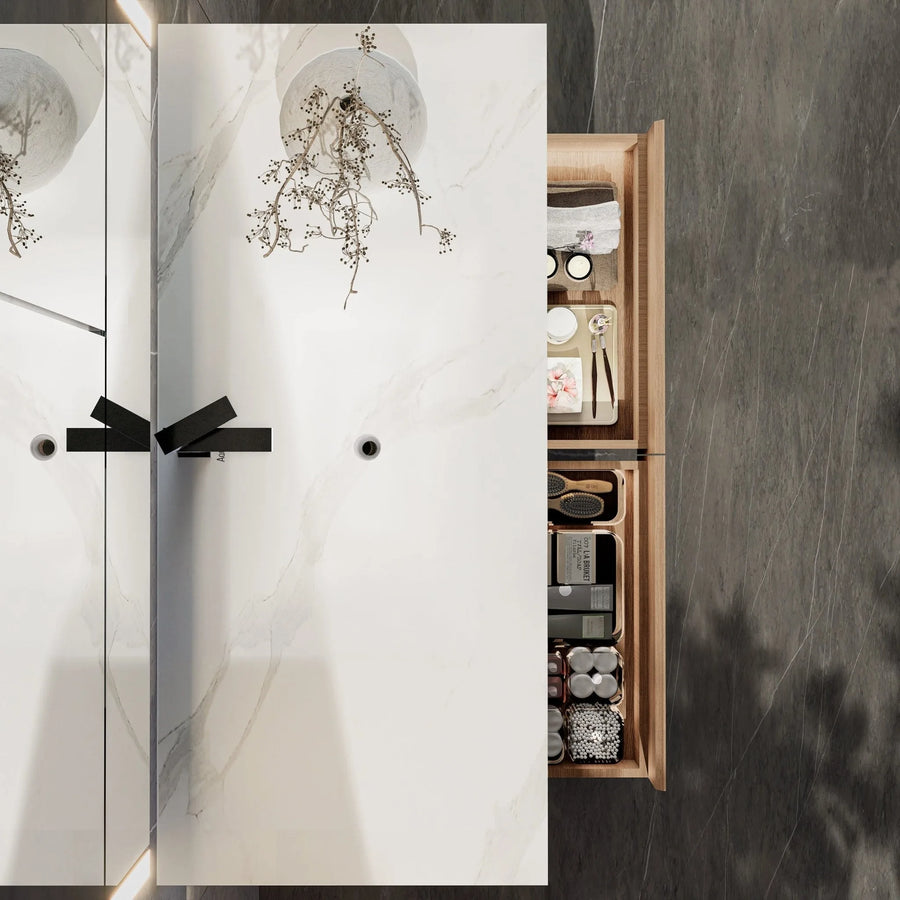 Aventino wall-mounted vanity — side profile showing floor clearance