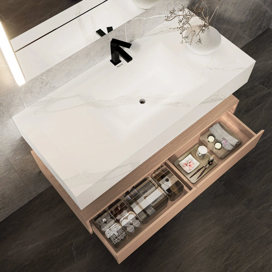 Aventino integrated ceramic basin — top-down detail of moulded sink bowl