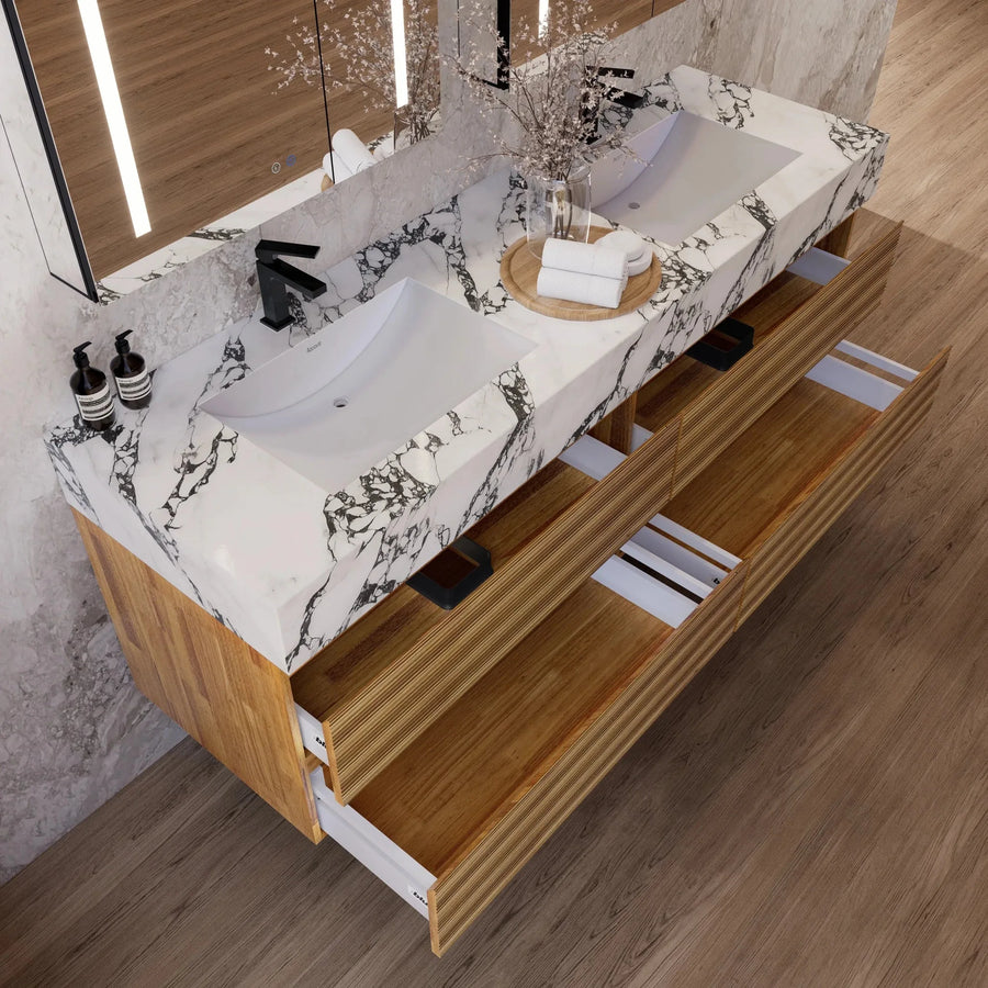 Aventino vanity with drawers open — Blum TandemBox soft-close slides