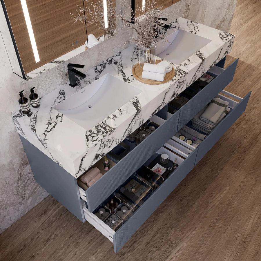 Aventino wall-mounted vanity — side profile showing floor clearance