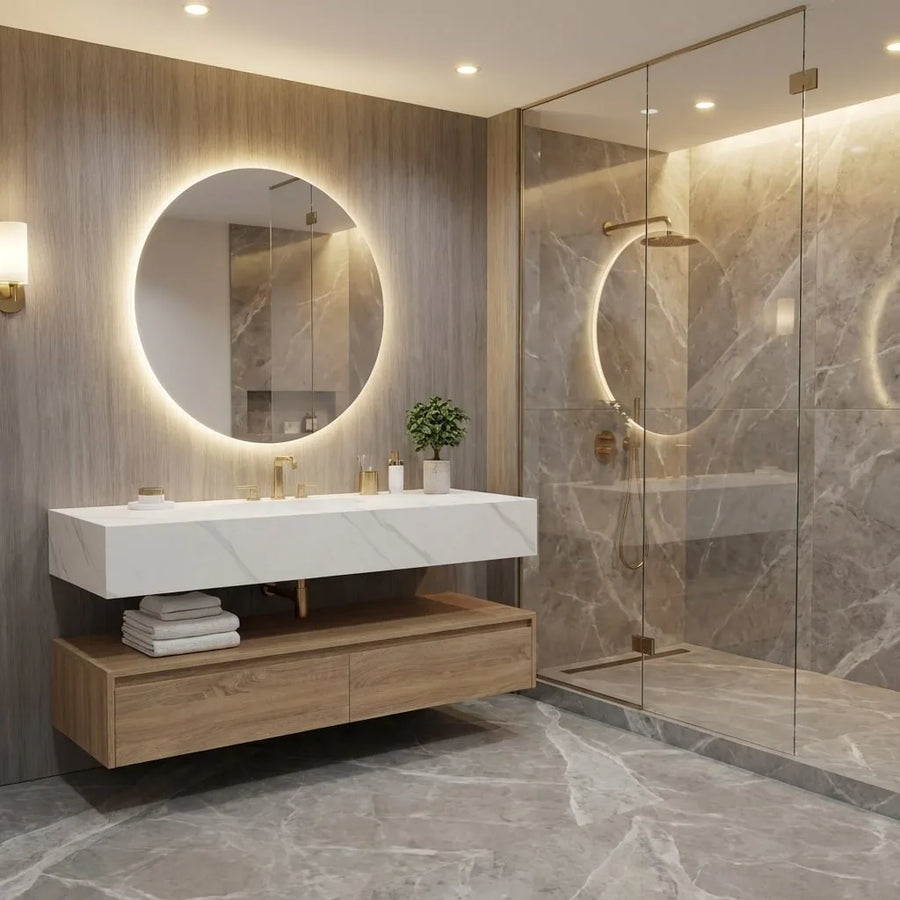 Aventino wall-mounted vanity — side profile showing floor clearance