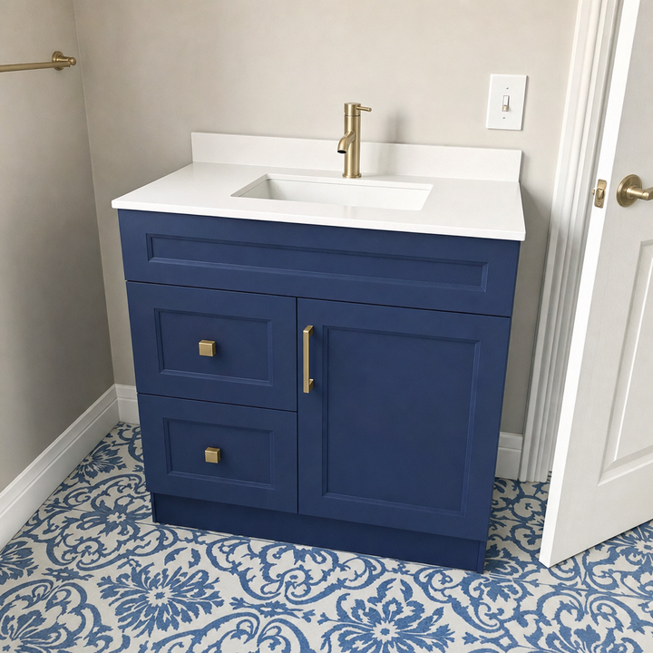 Tesoro 30-inch navy blue Shaker solid wood bathroom vanity with brushed gold handles