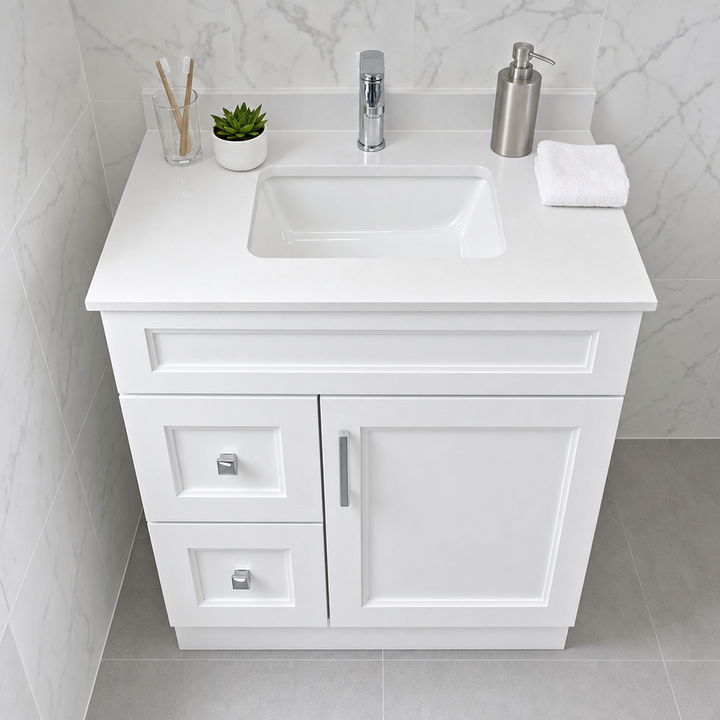 Tesoro 30-inch white Shaker solid wood bathroom vanity with chrome faucet and quartz countertop