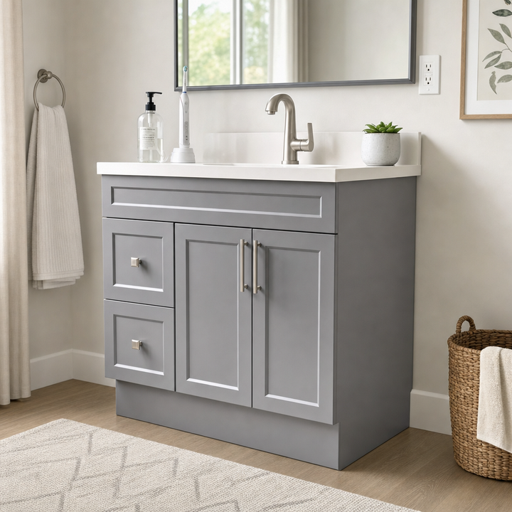 Tesoro 36-inch grey Shaker solid wood bathroom vanity with brushed nickel handles