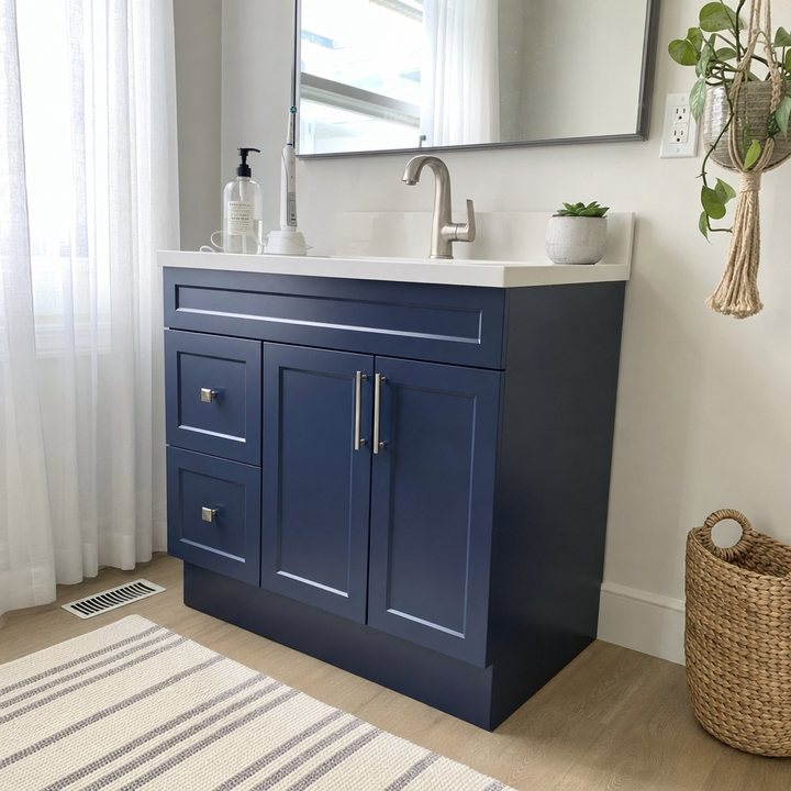 Tesoro 36-inch navy blue Shaker solid wood bathroom vanity with brushed nickel handles